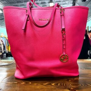 Michael Kors Hot Pink Saffiano Leather Tote with MK Charm